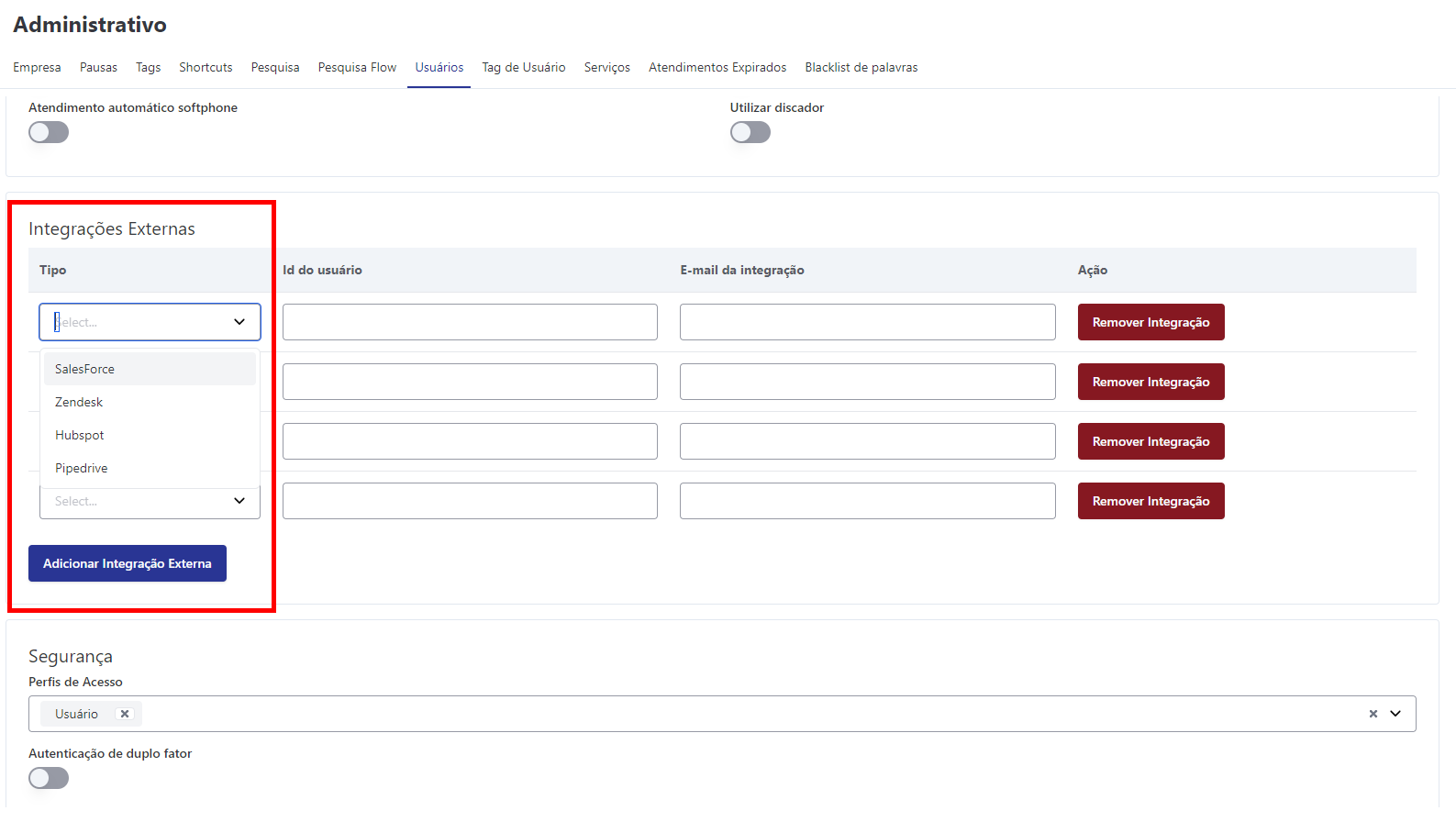 Cadastrando Integrações Externas no Usuário