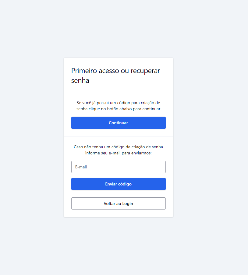 Tela de recuperação de senha ou primeiro acesso